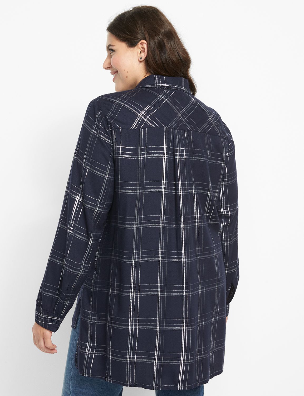 No-Peek Button-Front Plaid Boyfriend Shirt - Shine Product Image 2