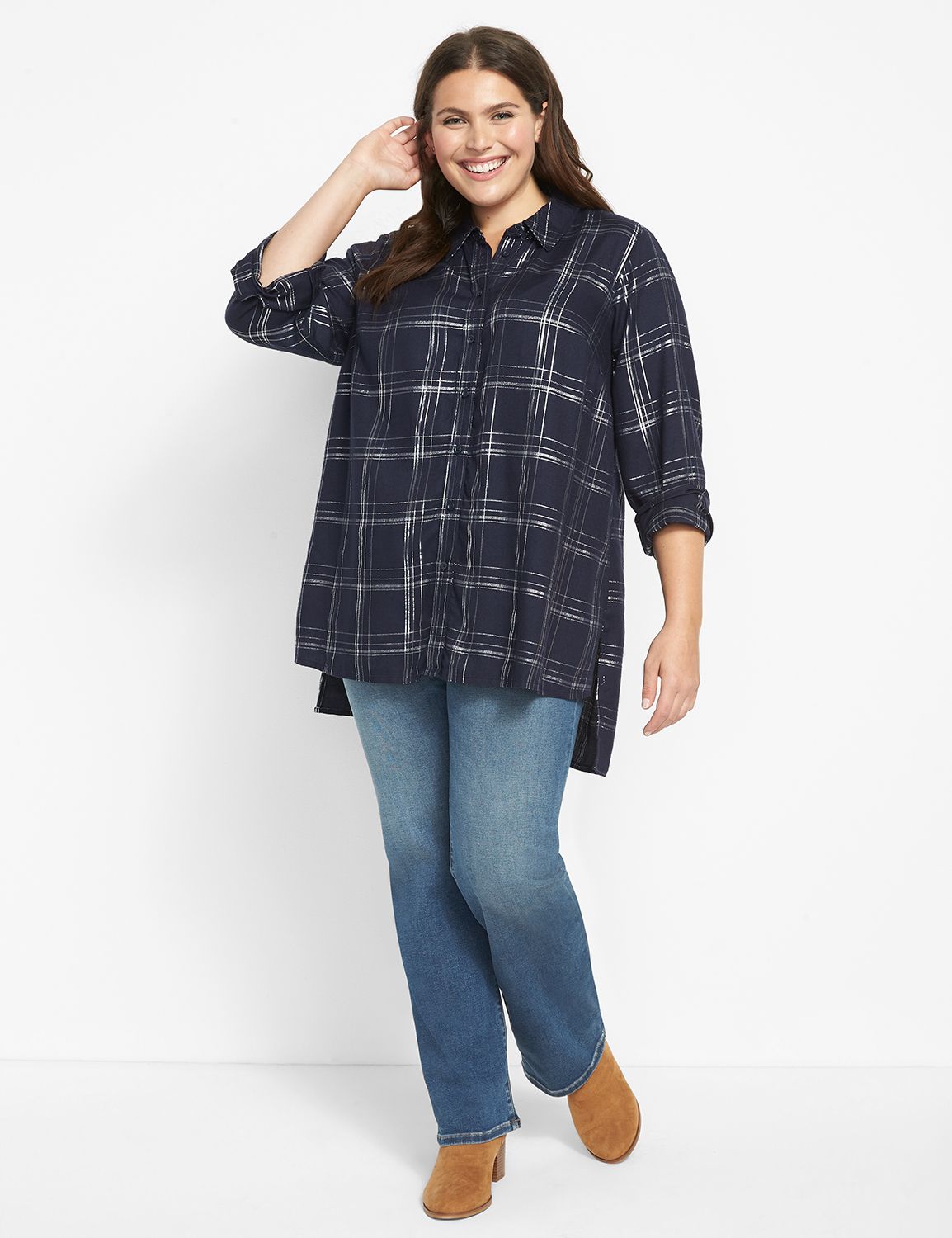 No-Peek Button-Front Plaid Boyfriend Shirt - Shine Product Image 3