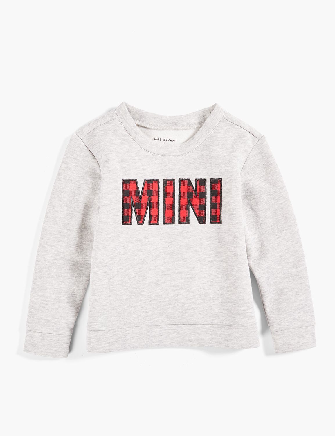 Long Sleeve Crew Neck Sweatshirt with Side Slit Graphic: Buffalo Check Font Mini 1124695:BTC30 Medium Heather Gray:4 Product Image 1
