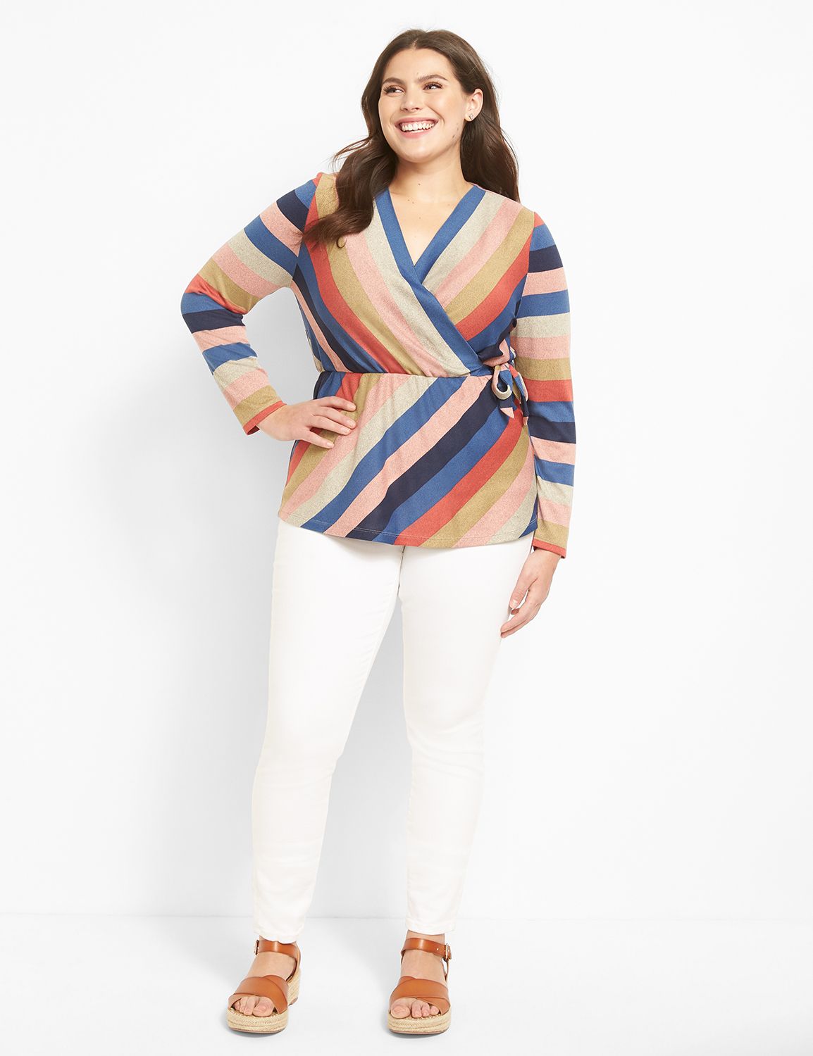 Long Sleeve Vneck Wrap Bias Stripe Knit Top 1124654:Multi:30/32 Product Image 3