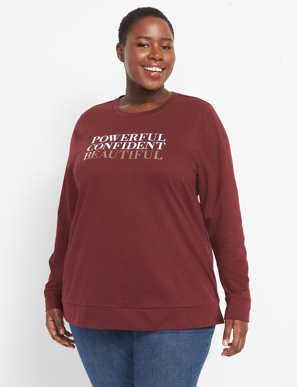 Long Sleeve Crew Neck Sweatshirt with Side Slit Graphic: Powerful Confident Beautiful 1125015:As Cad:26/28 Product Image 1