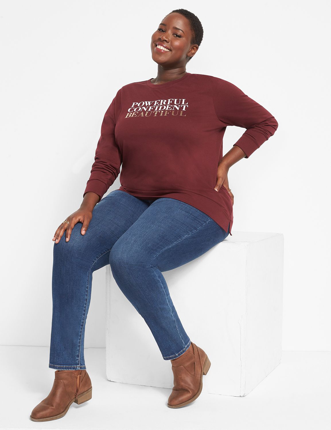 Long Sleeve Crew Neck Sweatshirt with Side Slit Graphic: Powerful Confident Beautiful 1125015:As Cad:26/28 Product Image 3
