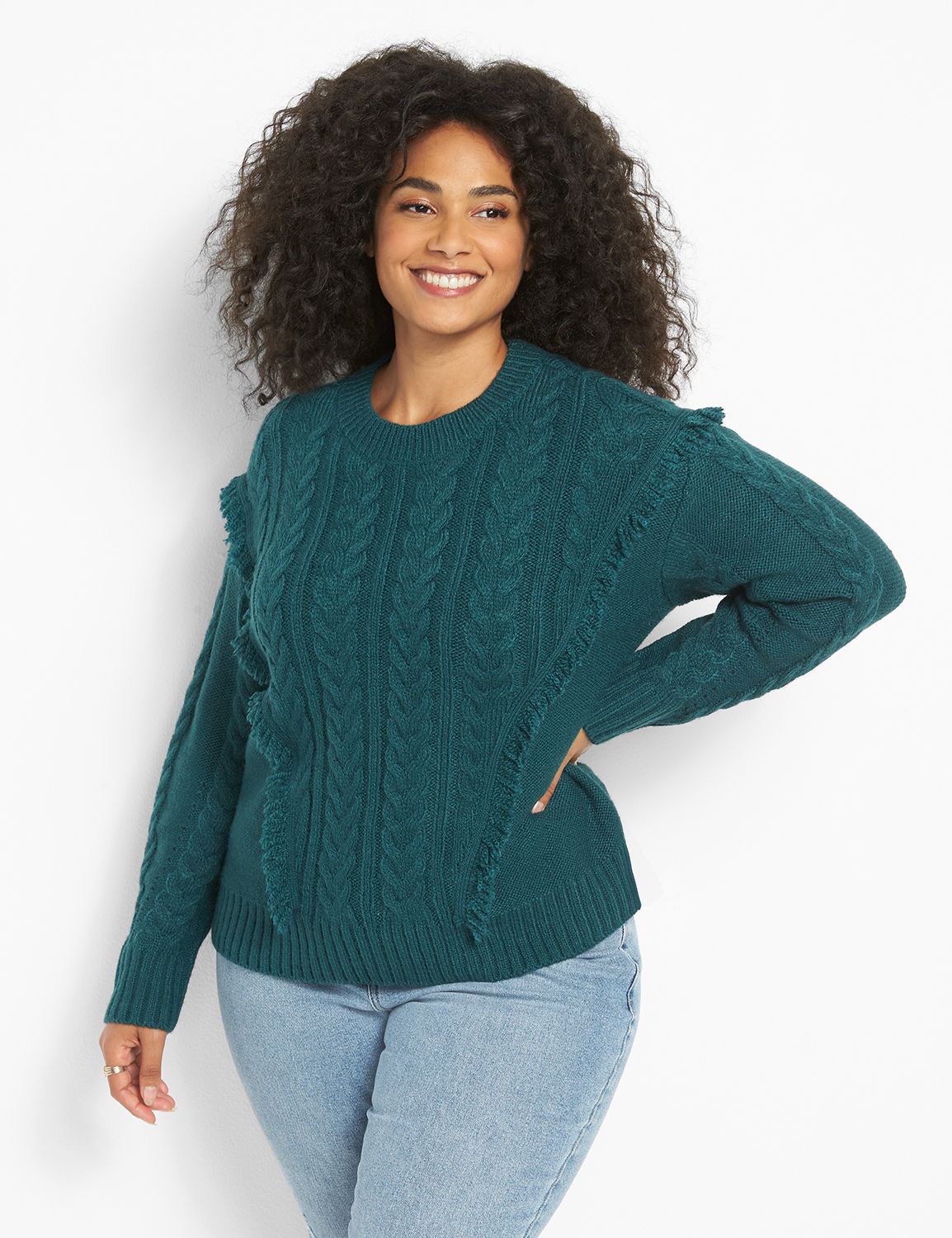 Long Sleeve Crew Neck Fringe Cable Pullover 1124122:PANTONE Deep Teal:26/28