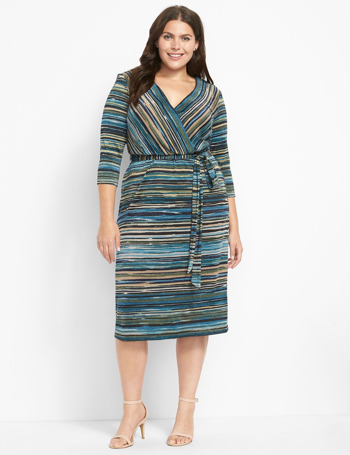 3/4 Sleeve Surplice Sparkle Hacci Midi 1123791:PANTONE Deep Teal:14/16 Product Image 1