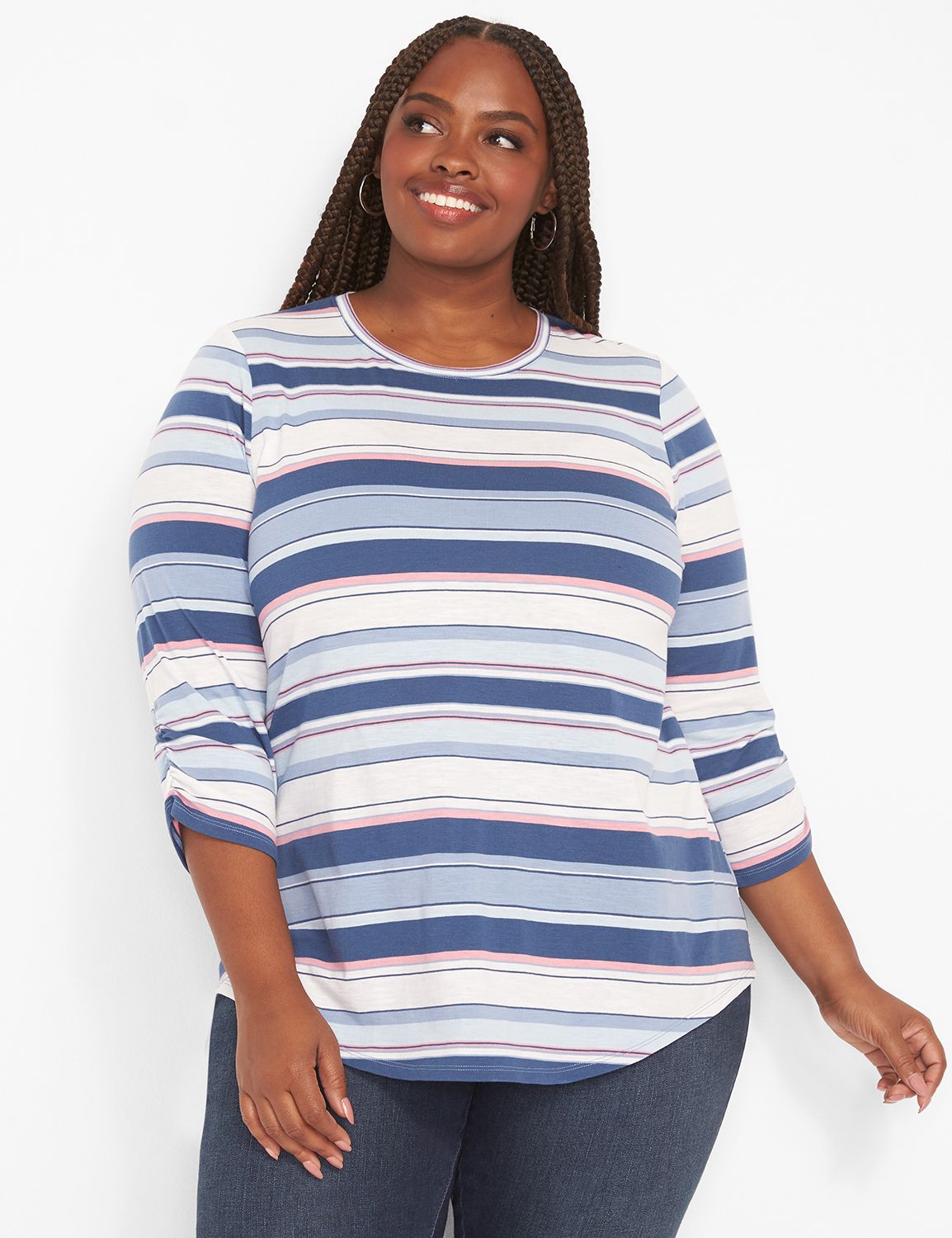3/4 Ruched Sleeve Crew Neck Curved Hem Tee 1124345:LBH21216_NikkiStripe5Color_V3_CW1:14/16 Product Image 1