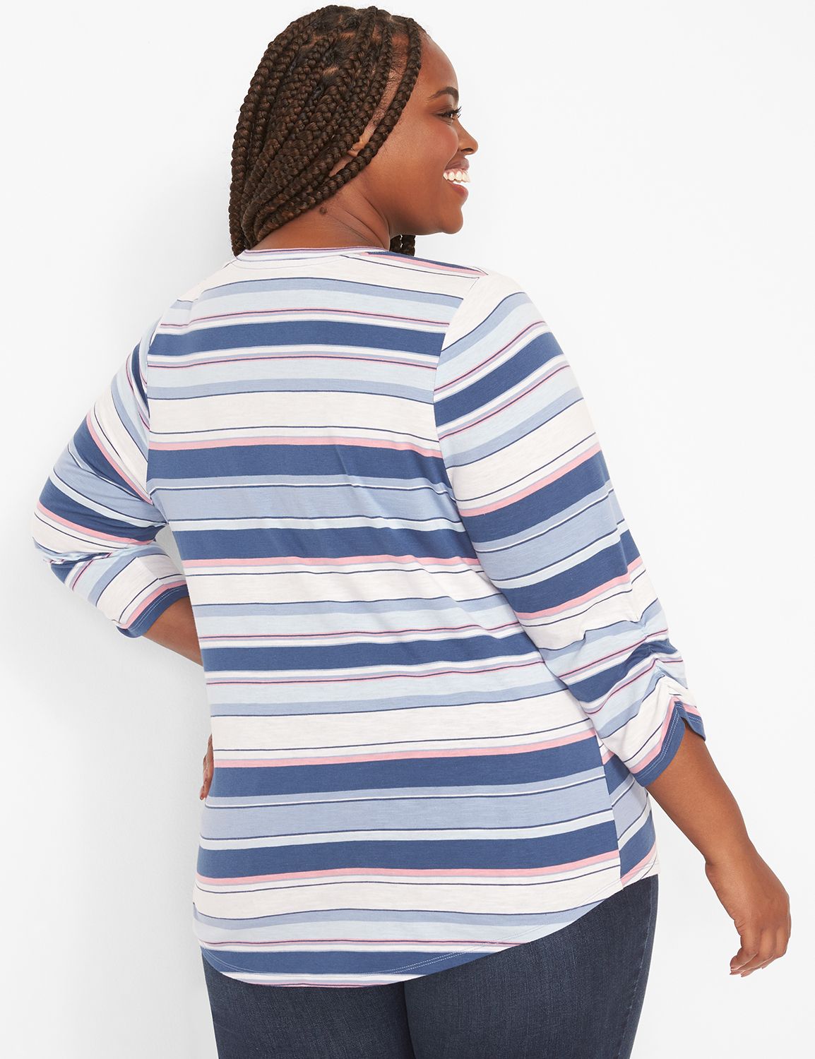 3/4 Ruched Sleeve Crew Neck Curved Hem Tee 1124345:LBH21216_NikkiStripe5Color_V3_CW1:14/16 Product Image 2