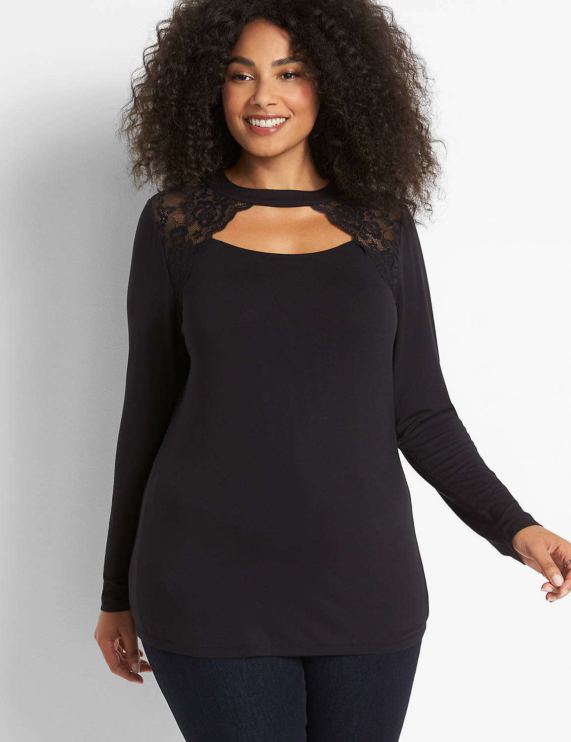 Long Sleeve Envelope Neck Tee With Lace Detail 1123838:Ascena Black:34/36 Product Image 1
