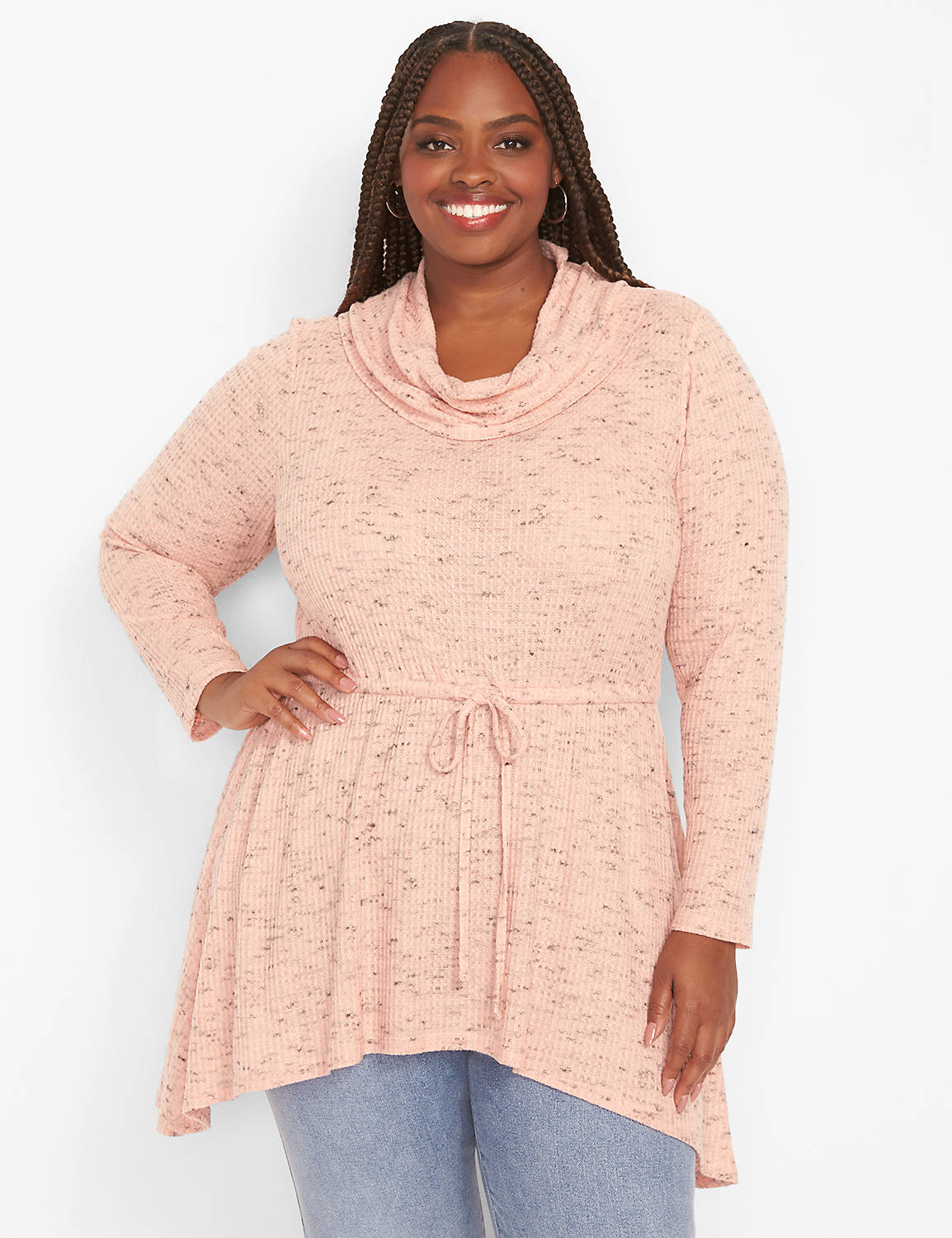Long Sleeve Cowl Neck Drawcord Waist HiLo Tunic 1124450:PANTONE Coral Pink:34/36 Product Image 1