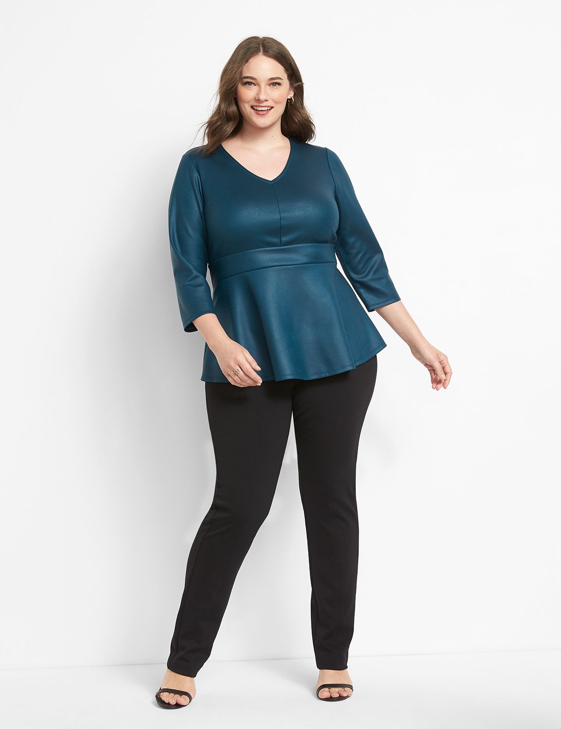 Three Quarter Sleeve V-Neck Lena Knit Top In Coated Scuba 1123855:PANTONE Deep Teal:10/12 Product Image 3