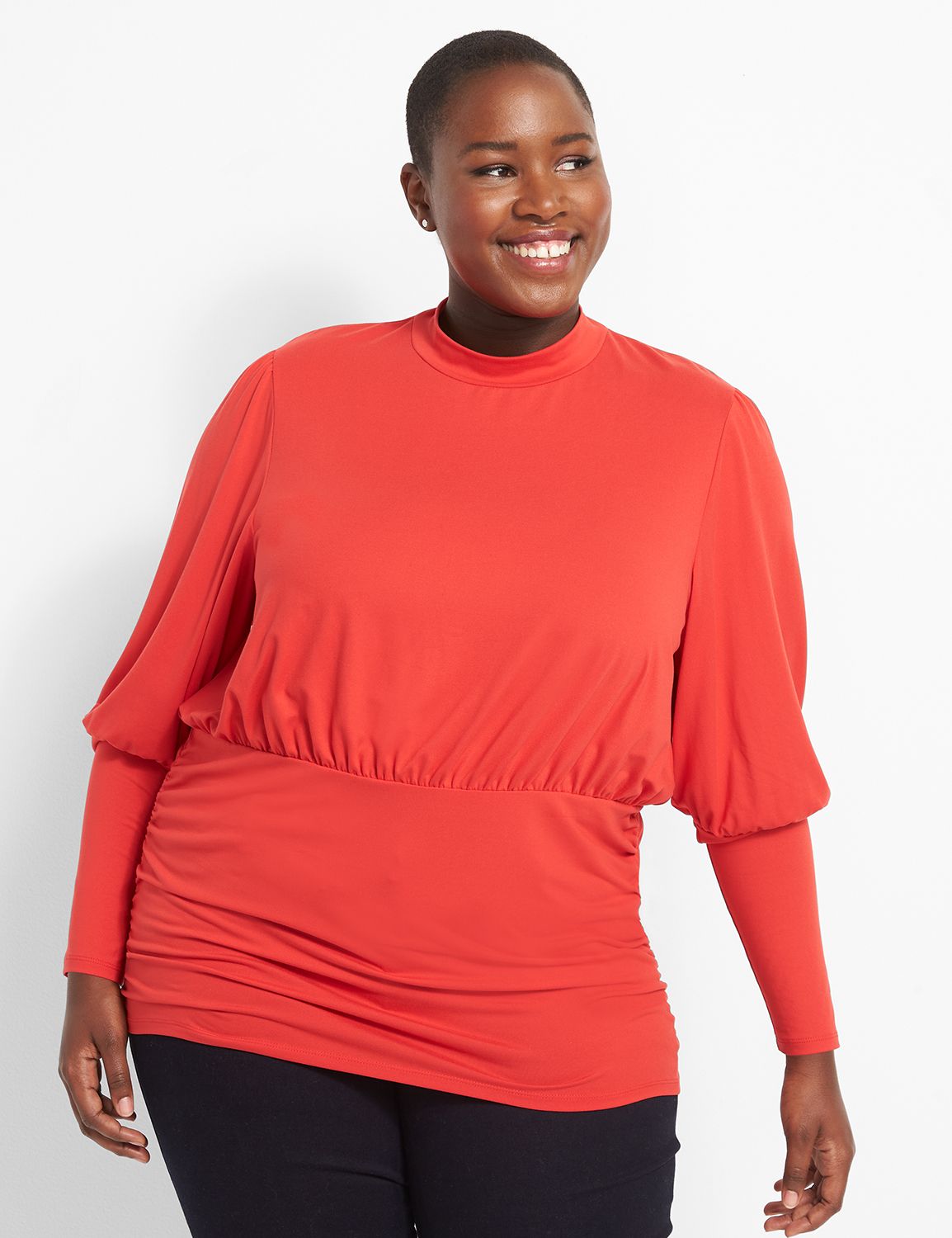 Long Sleeve Mockneck Fashion Knit Top With Sheering 1123597:PANTONE Haute Red:18/20 Product Image 1