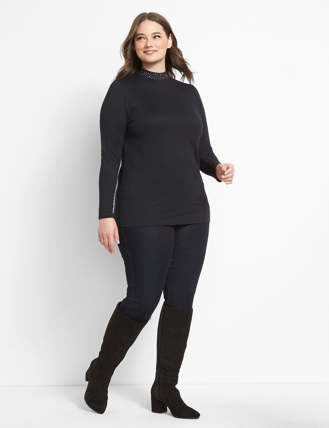 Long Sleeve Mock Neck Tee With Crystal And Studs Embellishments 1123623:Ascena Black:10/12 Product Image 3