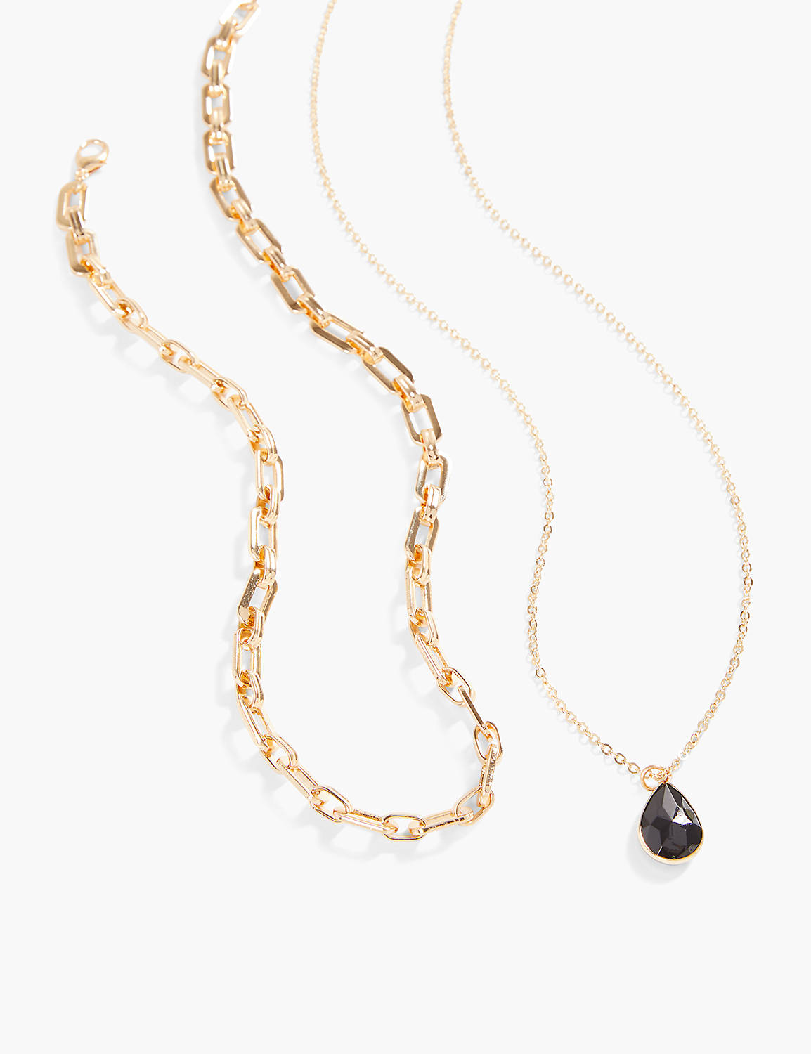 DOUBLE STRAND LINK WITH FACETED TEARDROP NECKLACE:Gold Tone:ONESZ Product Image 2