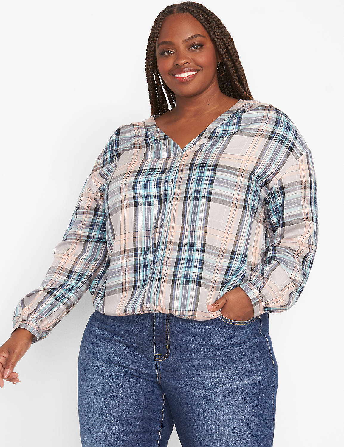 Long Sleeve V Neck Button Front Plaid Control Volume Top 1124020:LBH21214_AmyPlaid_CW19:10/12 Product Image 1