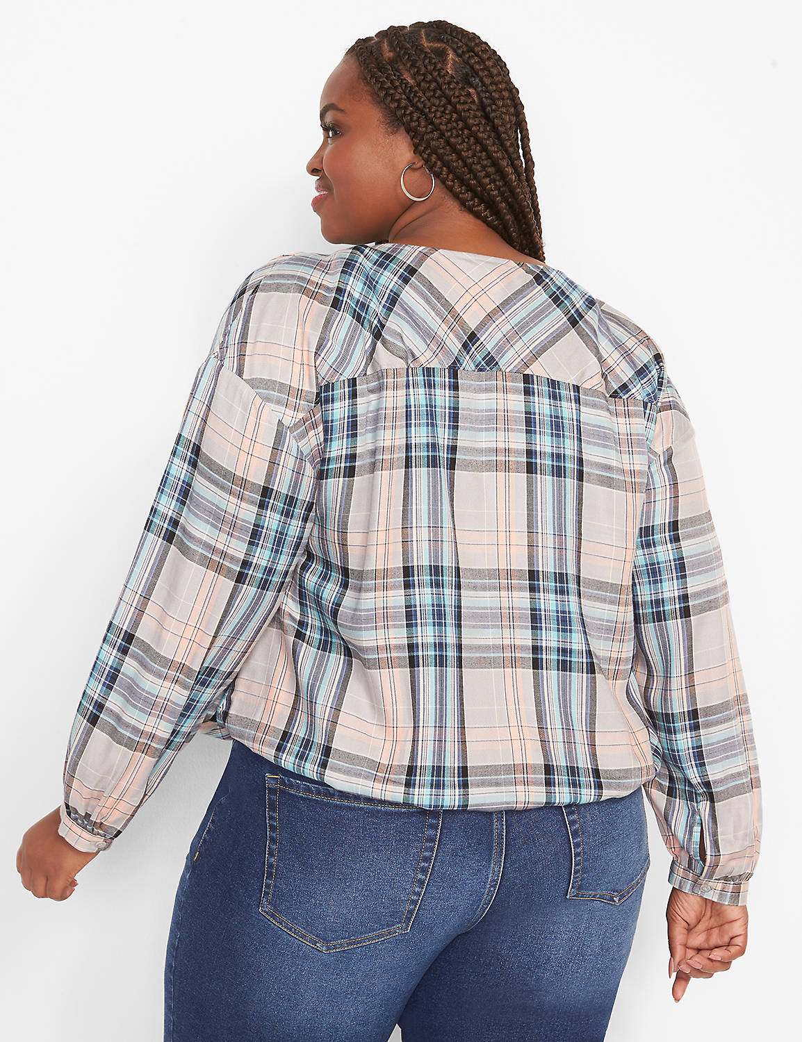 Long Sleeve V Neck Button Front Plaid Control Volume Top 1124020:LBH21214_AmyPlaid_CW19:10/12 Product Image 2