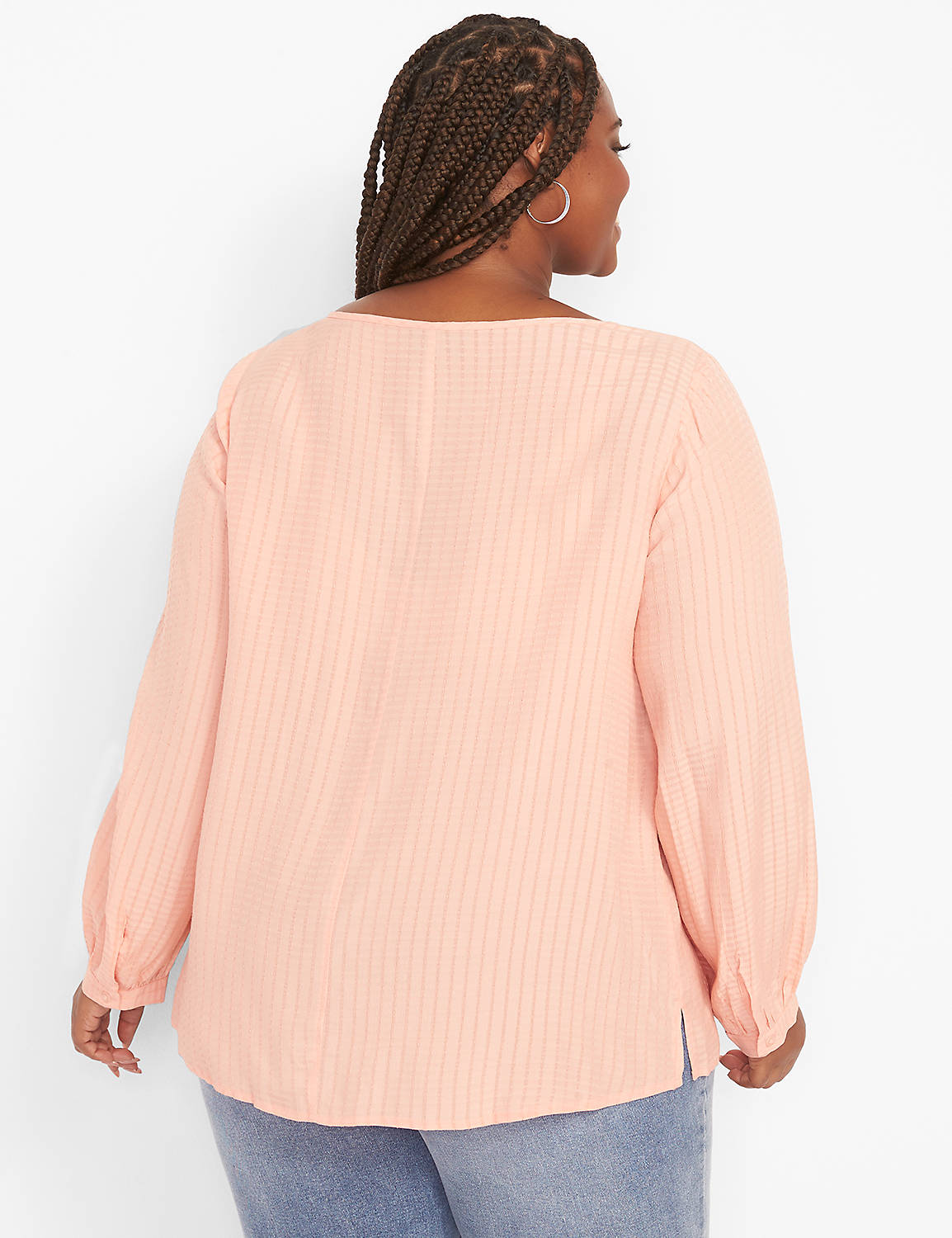 Long Sleeve Crew Neck Button Front Peplum 1124022:PANTONE Coral Pink:10/12 Product Image 2