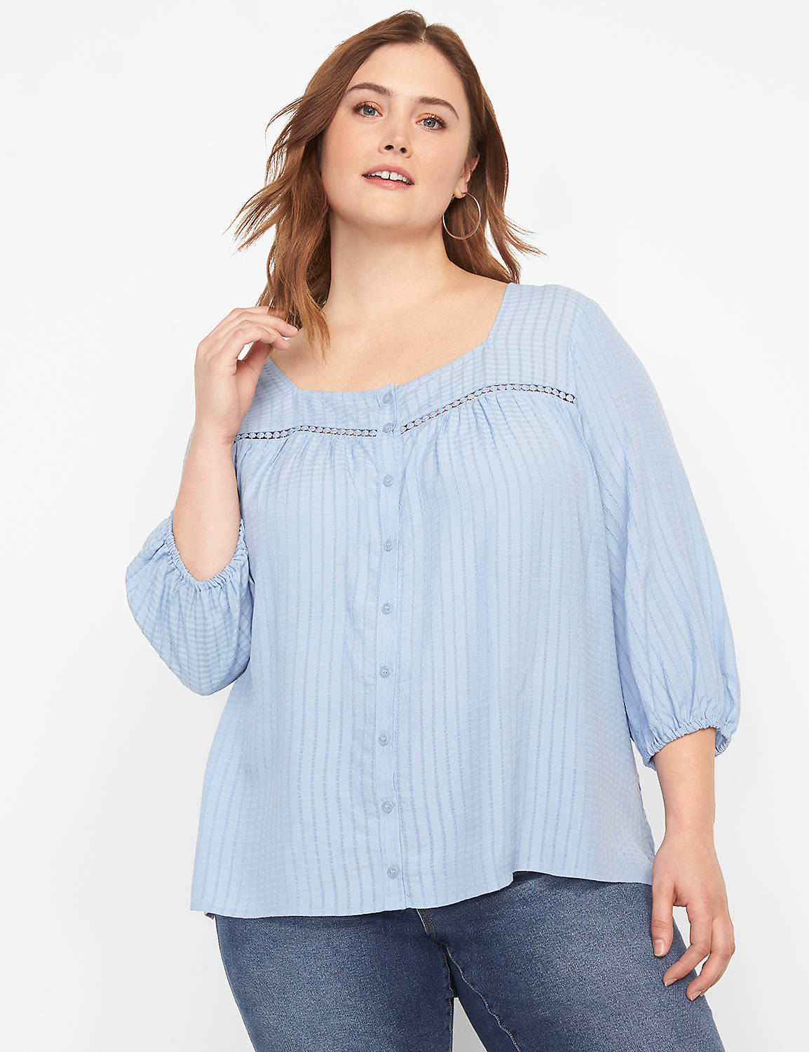 3/4 Sleeve Square Neck Button Down 1124092:PANTONE Forever Blue:34/36 Product Image 1
