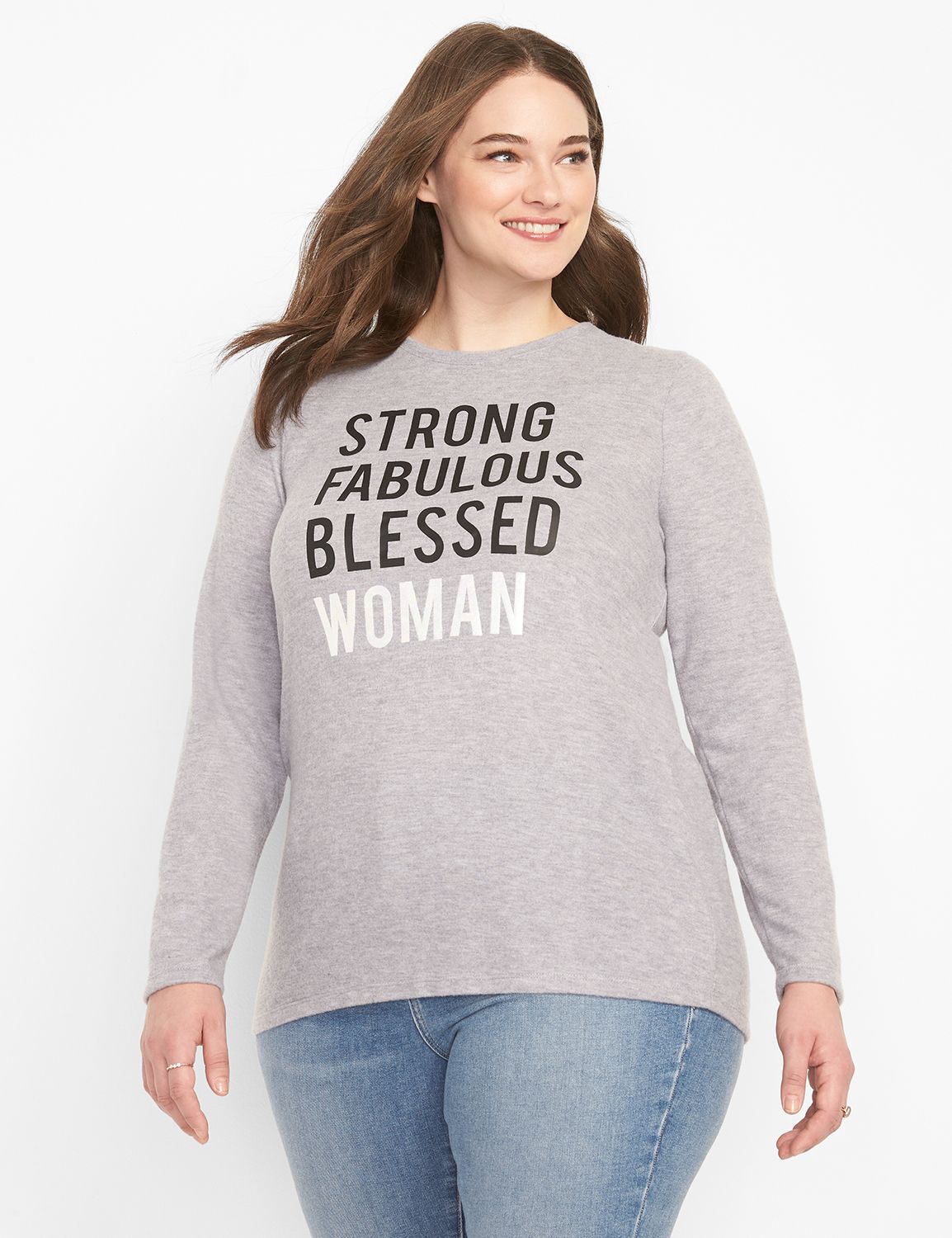 LS Crew Neck Straight Hem Graphic: Strong Fabulous Blessed Woman 1124748:BTC30 Medium Heather Gray:26/28 Product Image 1