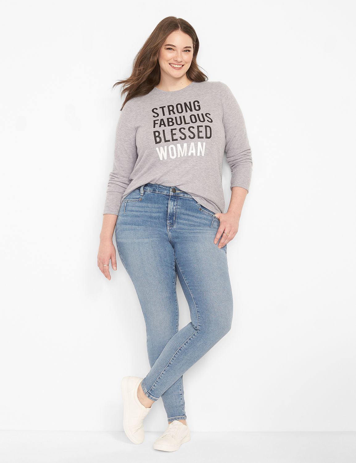 LS Crew Neck Straight Hem Graphic: Strong Fabulous Blessed Woman 1124748:BTC30 Medium Heather Gray:26/28 Product Image 3