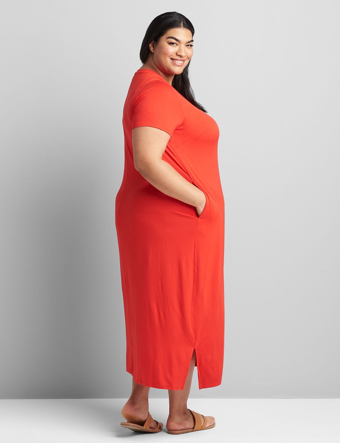 Short Sleeve Crew Neck Side Tie Midi Dress 1119977:PANTONE Flame Scarlet:14/16 Product Image 2