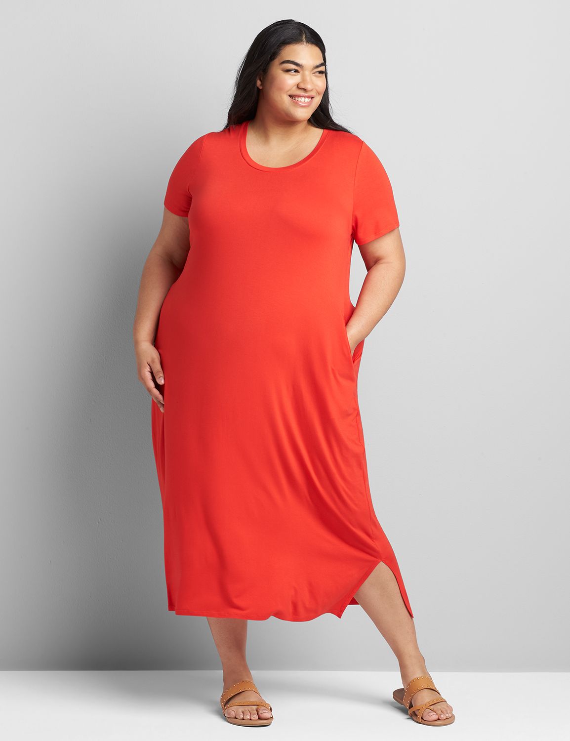 Short Sleeve Crew Neck Side Tie Midi Dress 1119977:PANTONE Flame Scarlet:14/16 Product Image 4