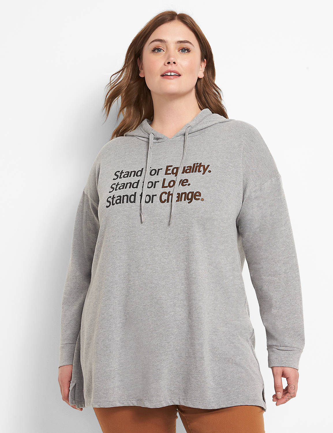 Long Sleeve Drop Shoulder Hoodie Tunic Graphic: Stand For 1125520:BTC30 Medium Heather Gray:10/12 Product Image 1
