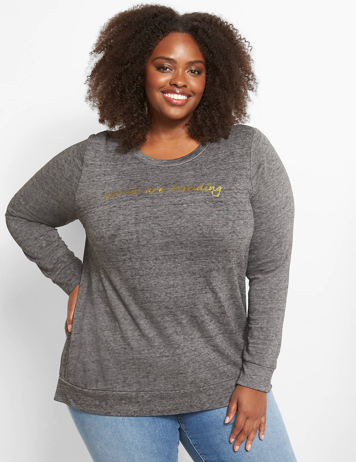 Long Sleeve Crew Neck Sweatshirt with Side Slit Graphic: Curves are Trending:Ascena Black:10/12 Product Image 1