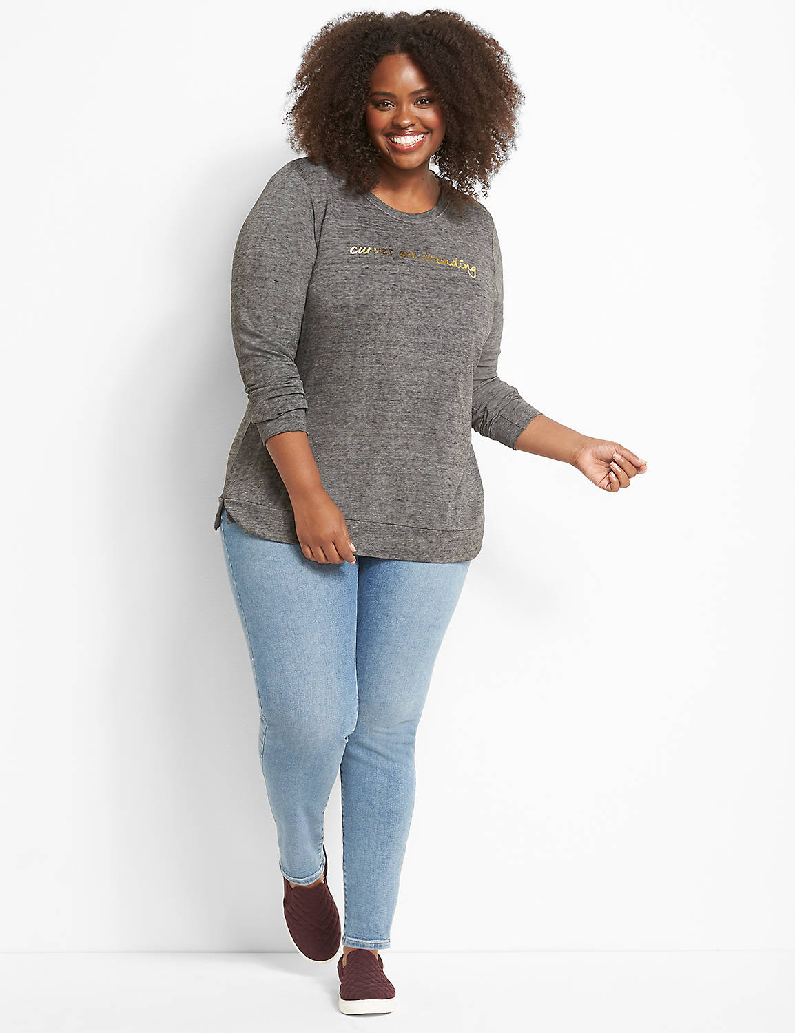Long Sleeve Crew Neck Sweatshirt with Side Slit Graphic: Curves are Trending:Ascena Black:10/12 Product Image 3