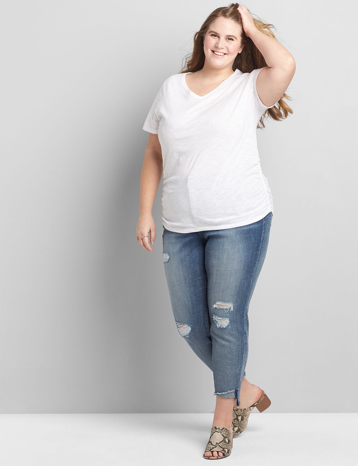 Women's Rib Ruched Side Tee in White