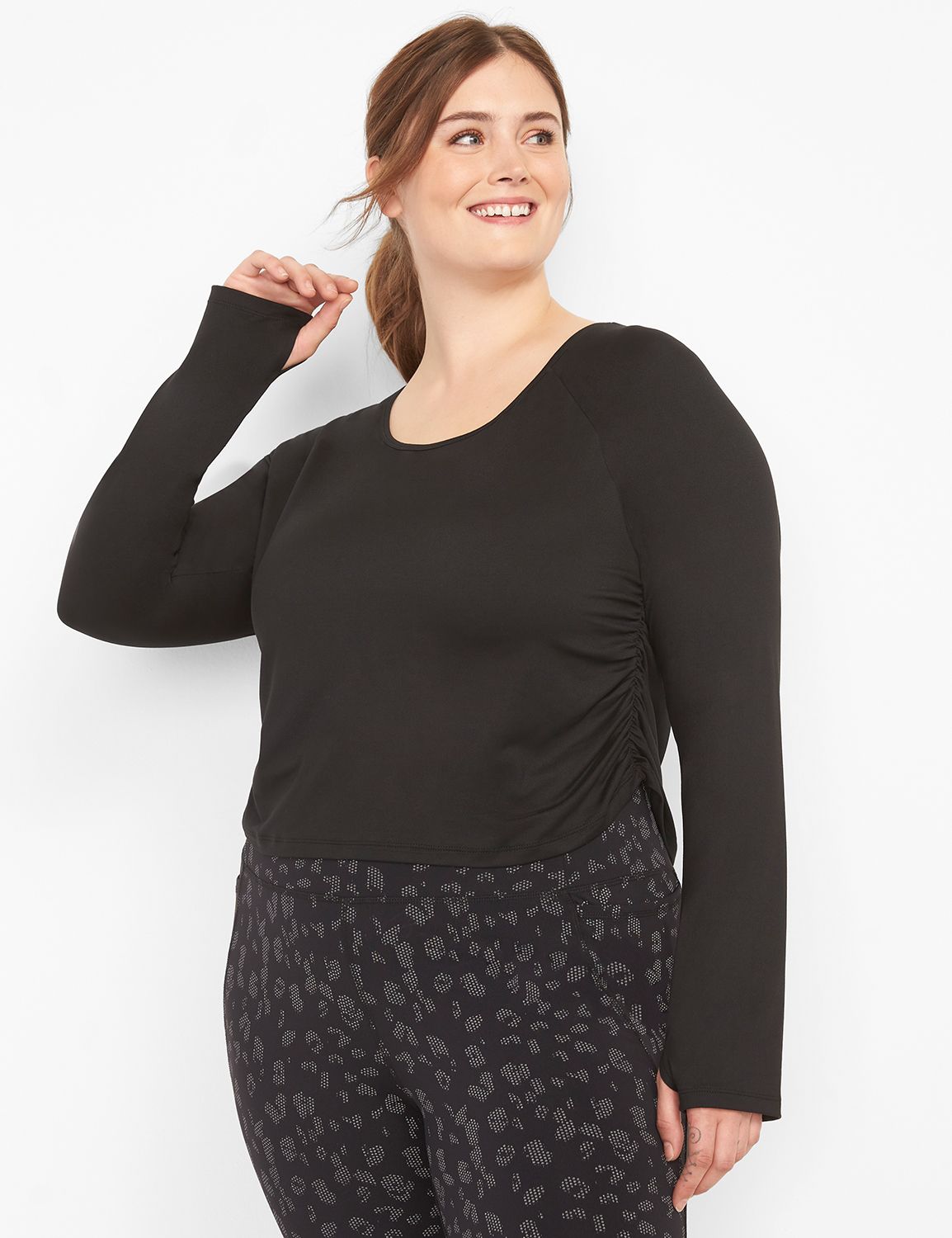 Long Sleeve Scoop Neckline Ruched Performance Top S 1124183:Ascena Black:10/12 Product Image 1