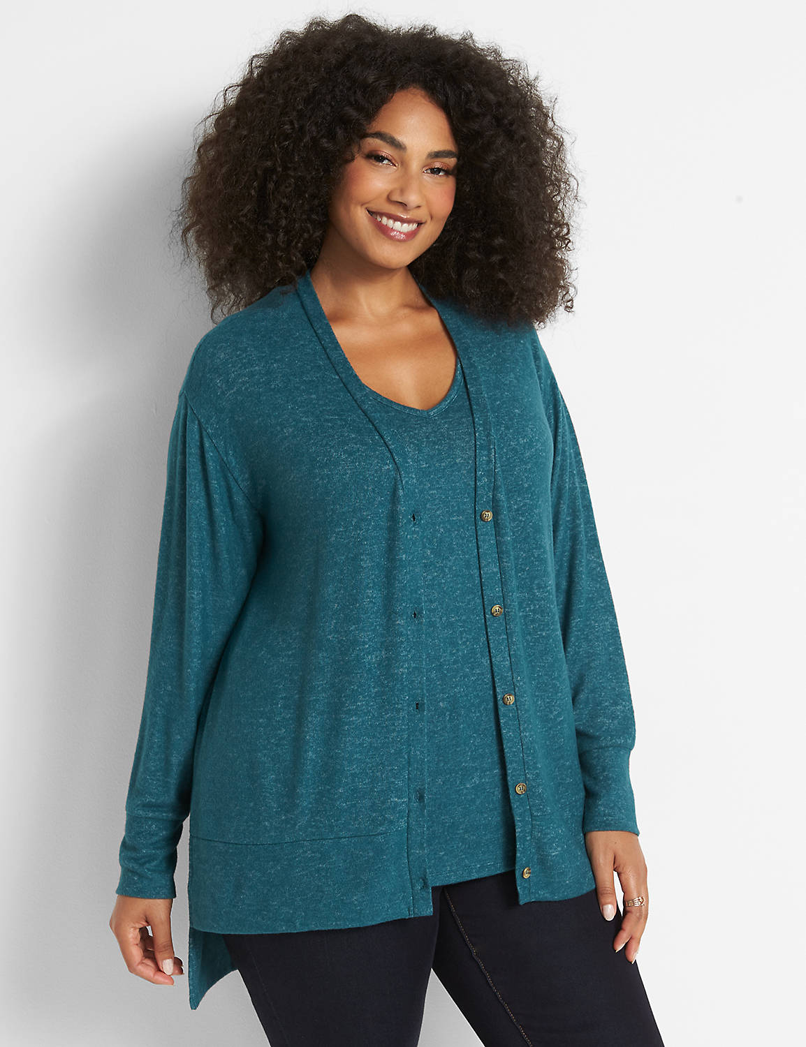 Long Sleeve Button Front Side Slit Over Piece 1124649:PANTONE Deep Teal:10/12 Product Image 1