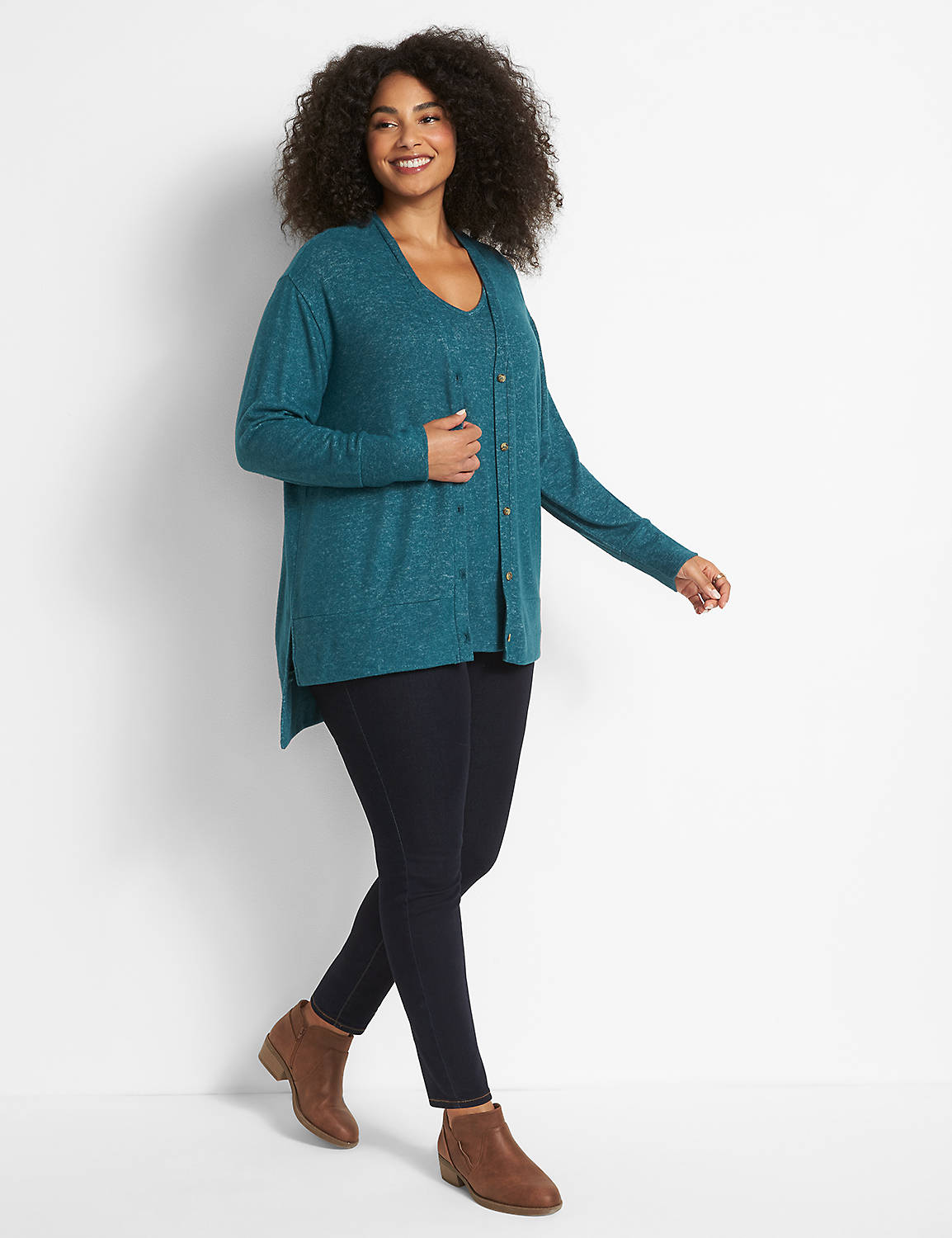 Long Sleeve Button Front Side Slit Over Piece 1124649:PANTONE Deep Teal:10/12 Product Image 3