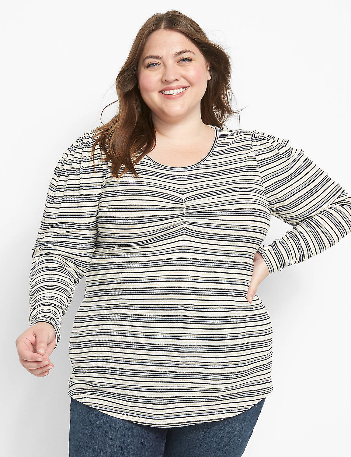 Long Sleeve Open Crew Neck With Rouched Detail In Lurex Stripe 1124633:Stripe:10/12 Product Image 1