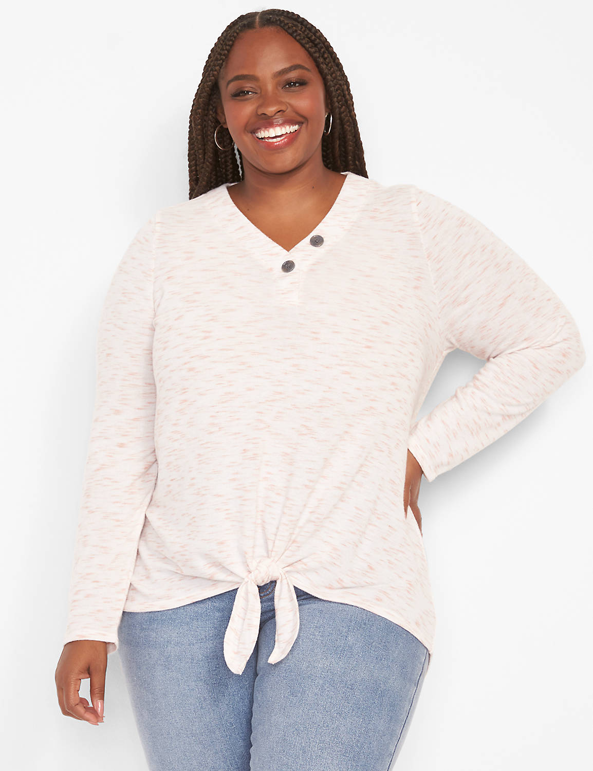 Long Sleeve Vneck Knit Top With Tie Bottom & Button Detail 1124656:PANTONE Coral Pink:34/36 Product Image 1