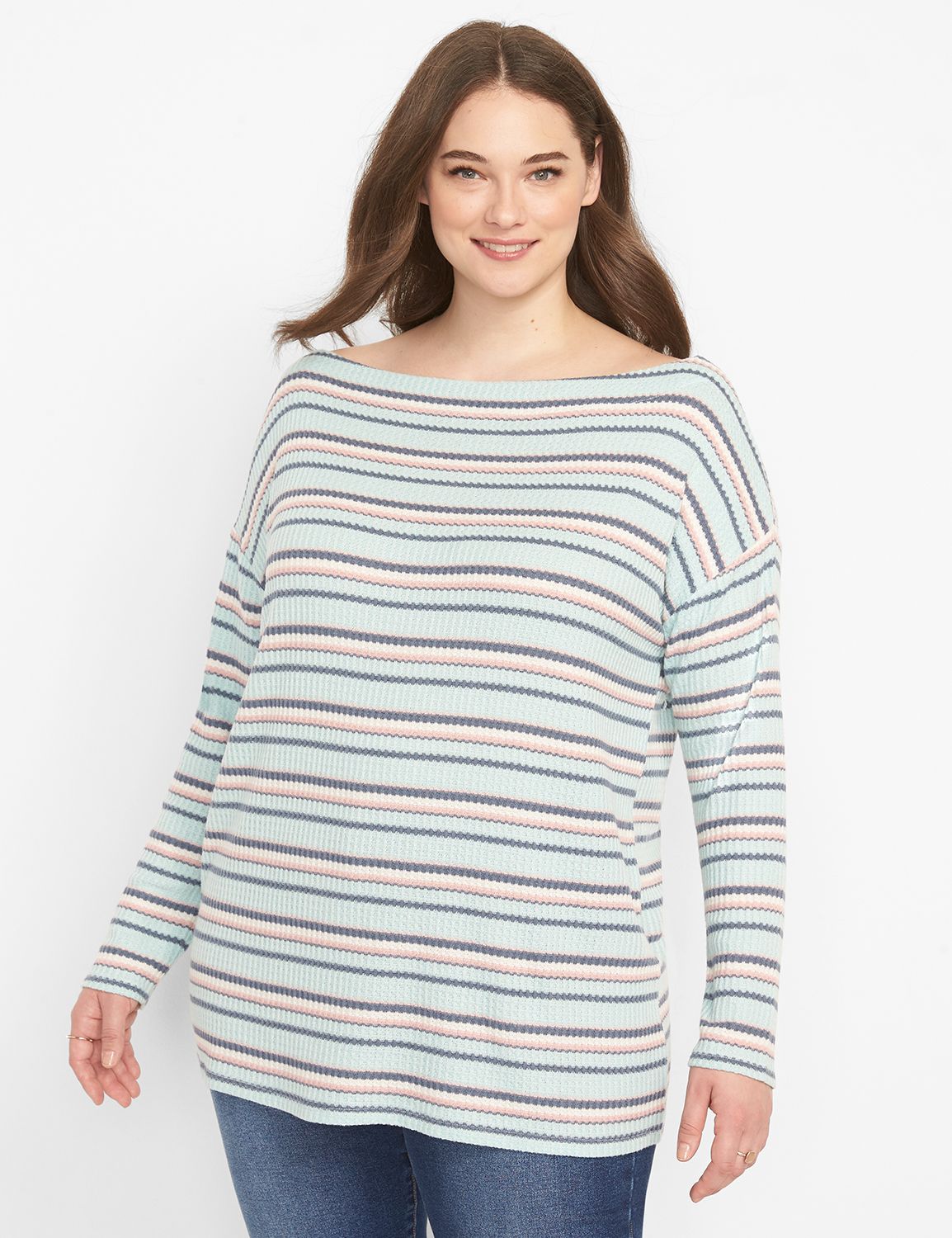 Wide Boat Neck Tunic - Striped Waffle