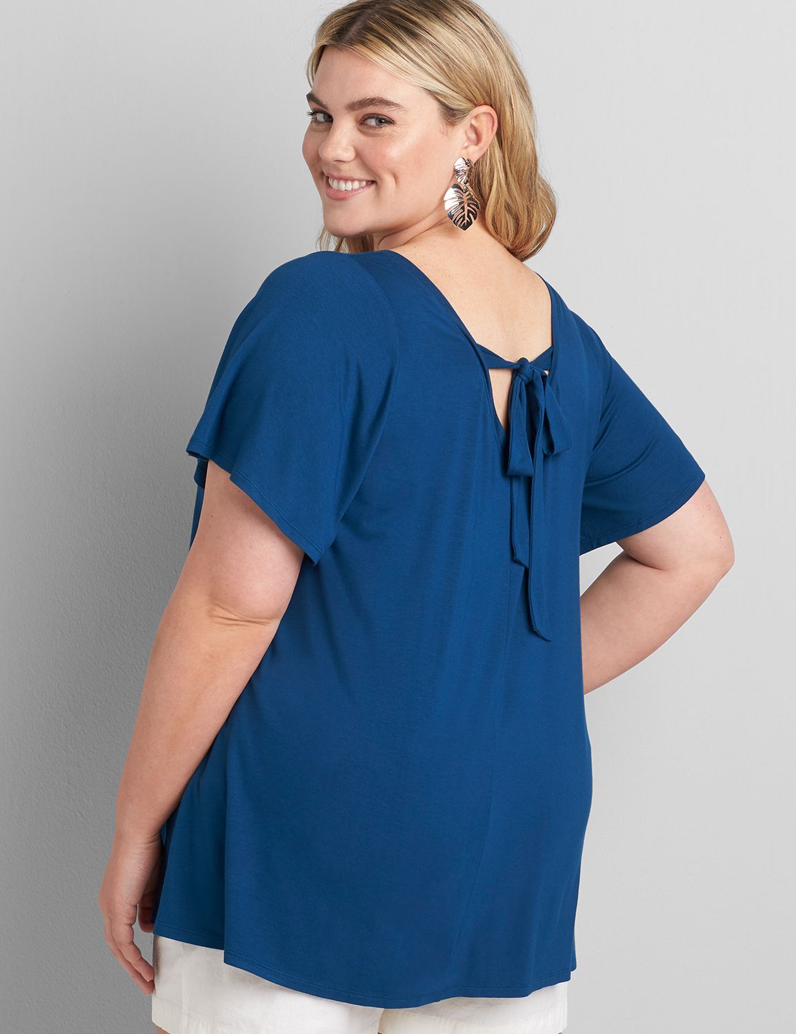 Short Flutter Sleeve Vee Neck Swing Tie Back Tee 1120530:PANTONE Poseidon:10/12 Product Image 2