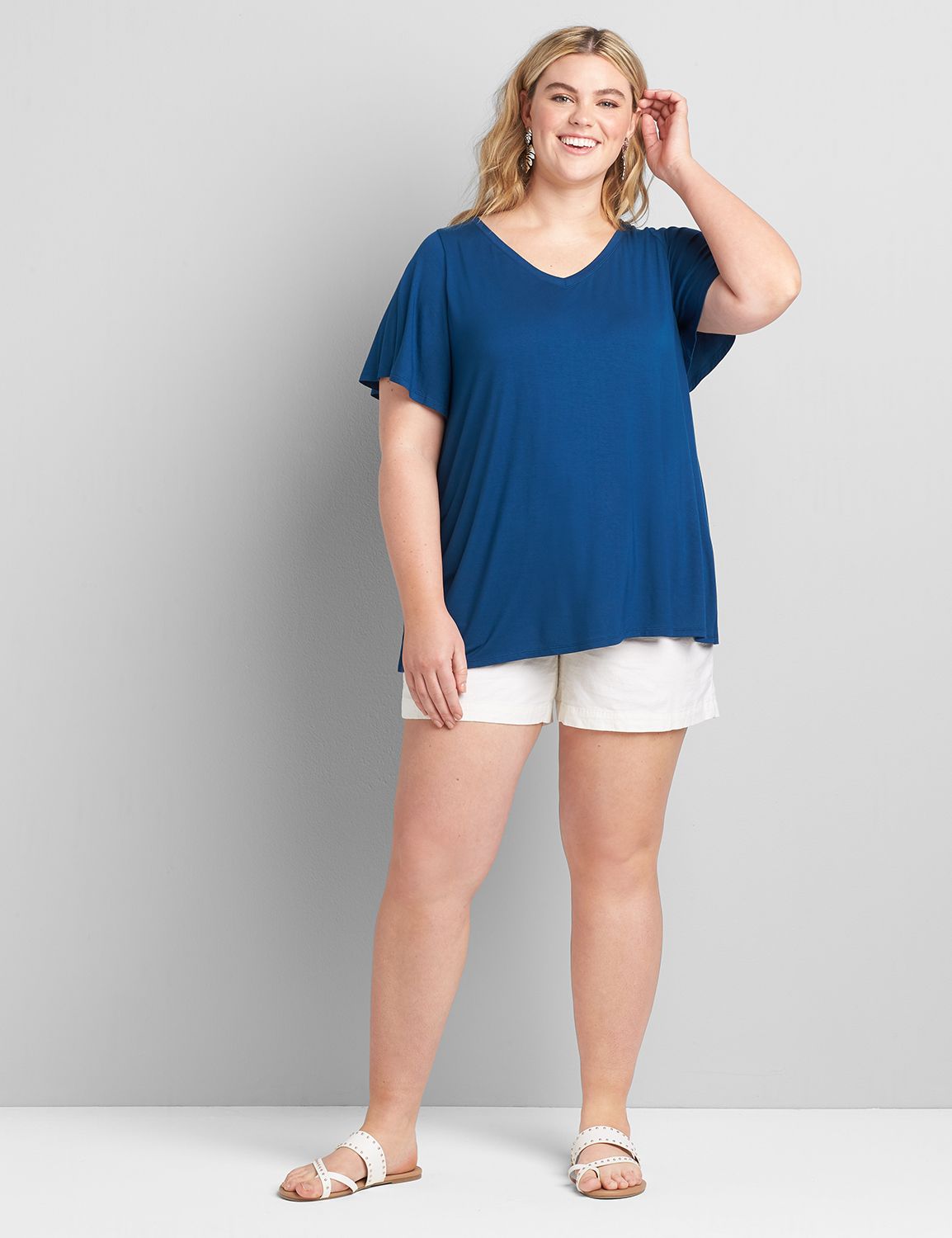 Short Flutter Sleeve Vee Neck Swing Tie Back Tee 1120530:PANTONE Poseidon:10/12 Product Image 3