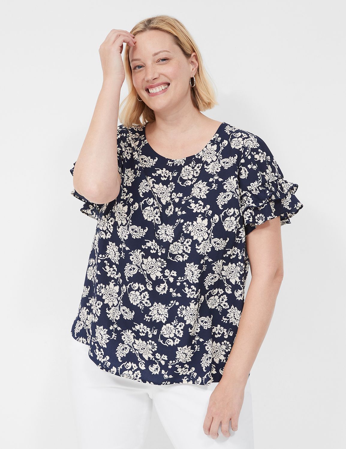 Short Sleeve Flutter Crew Neck Top | LaneBryant