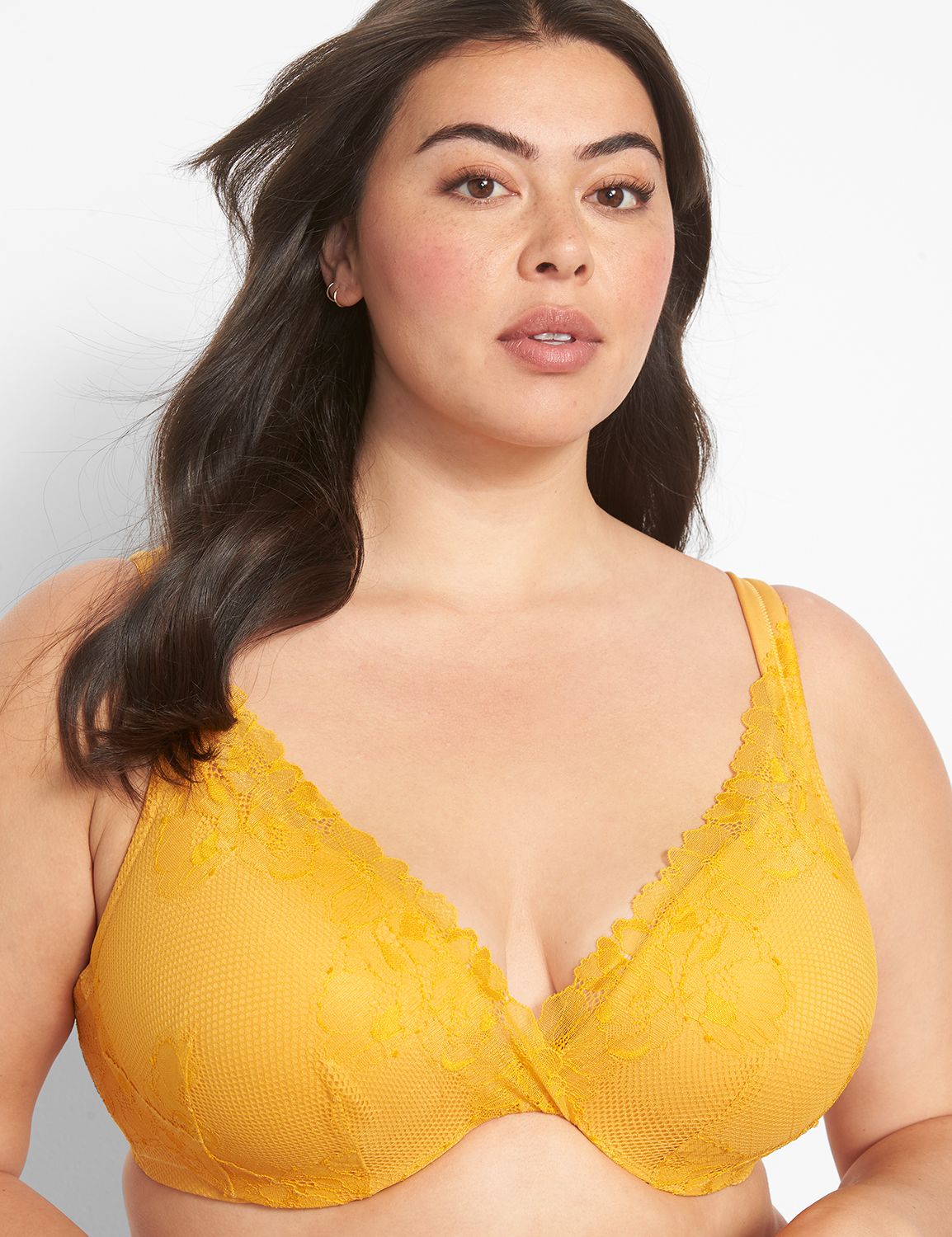 Plus Size Wireless Lightly Lined Full Cup Gather Lace J Cup Yellow Bras
