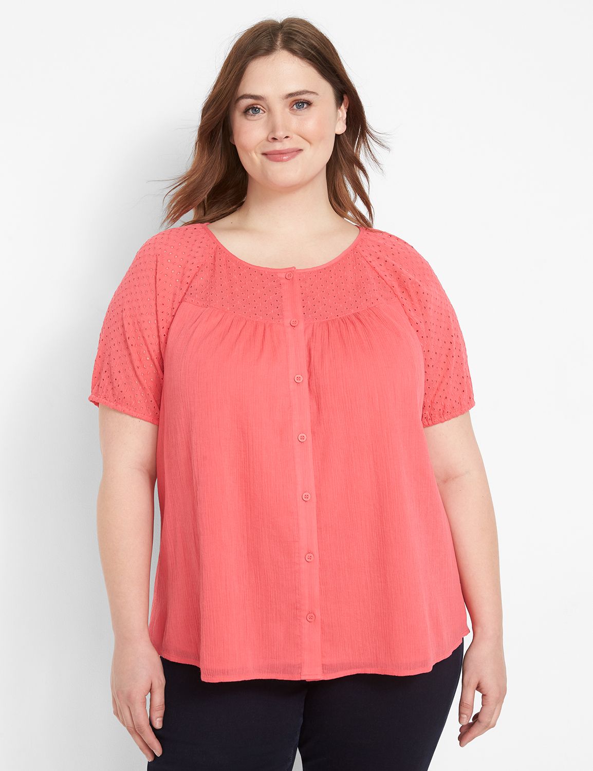 No-Peek Button-Down Eyelet Top