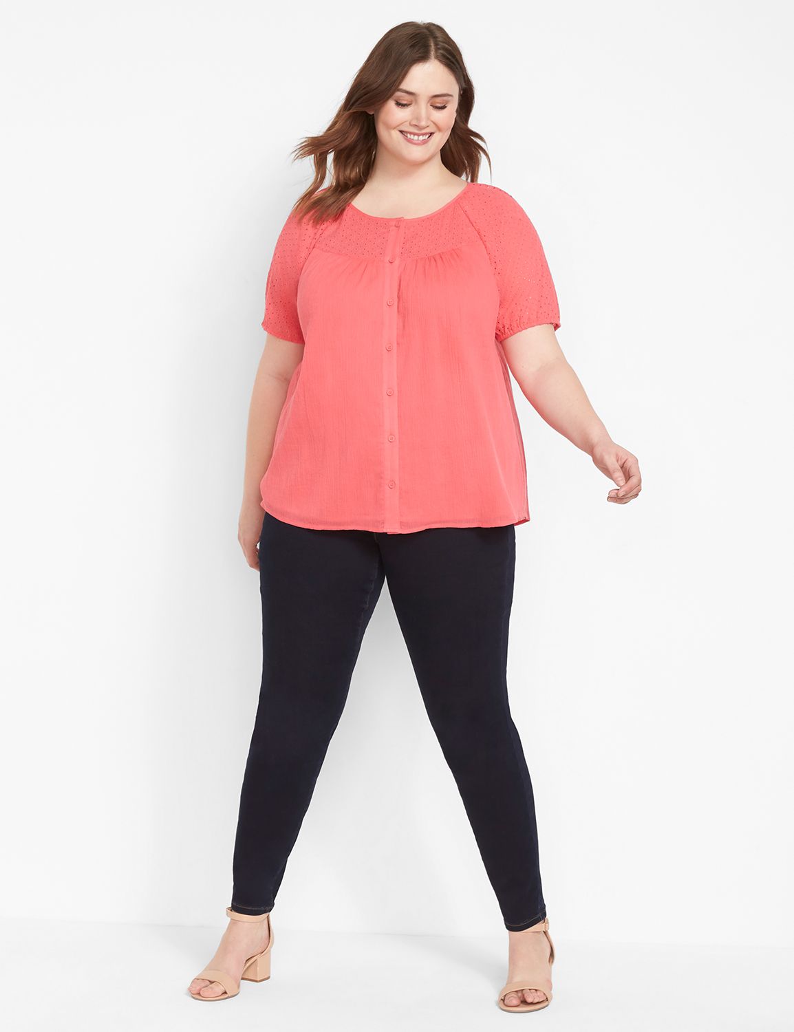 No-Peek Button-Down Eyelet Top