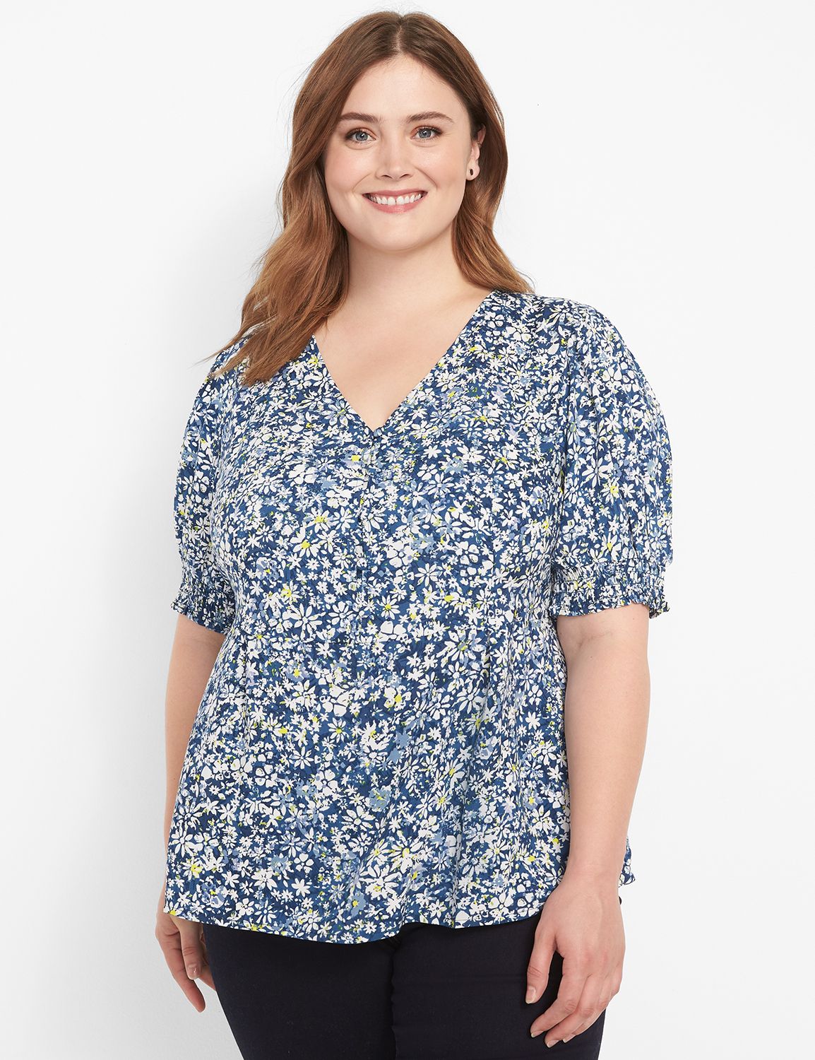 Short Puff Sleeve V Neck Button Pep Product Image 1