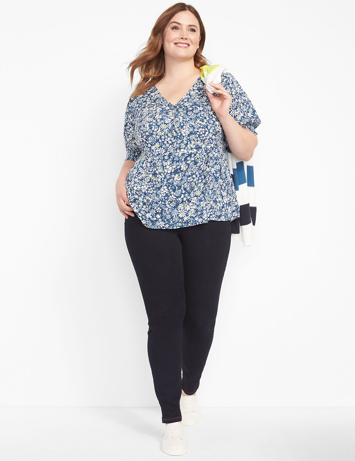 Short Puff Sleeve V Neck Button Pep Product Image 3