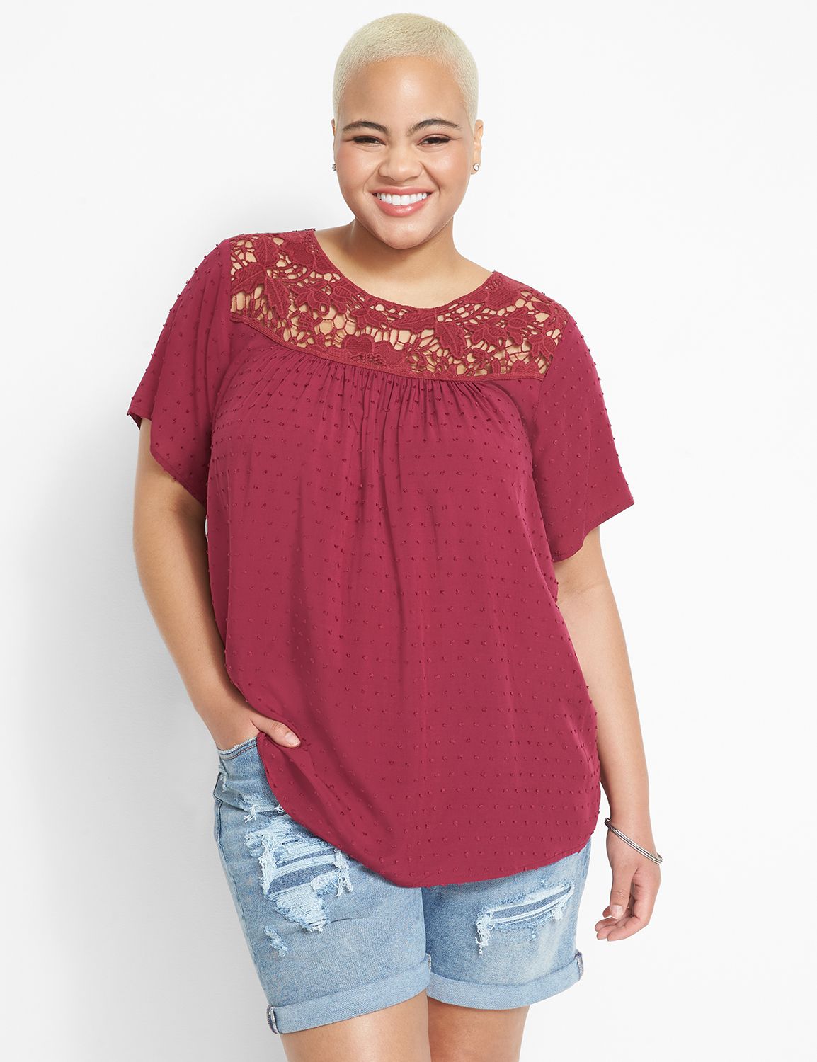 Short Sleeve Crew Neck Lace Yoke To Product Image 1