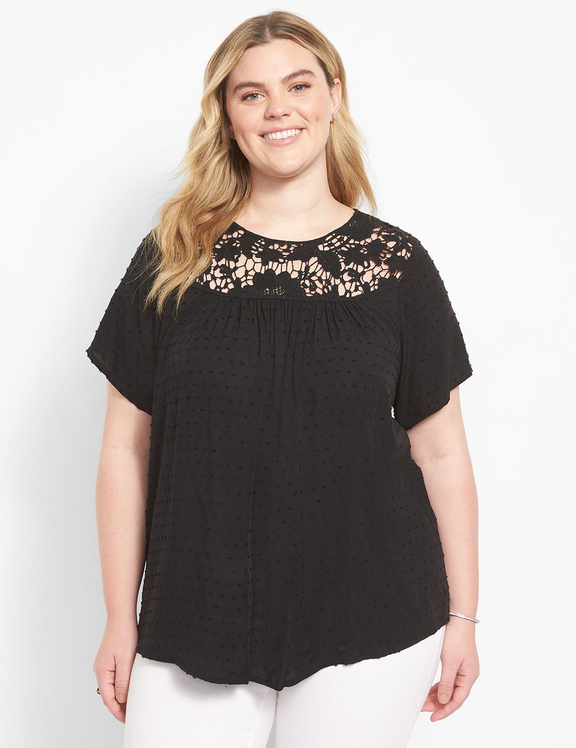 Short Sleeve Crew Neck Lace Yoke To Product Image 1