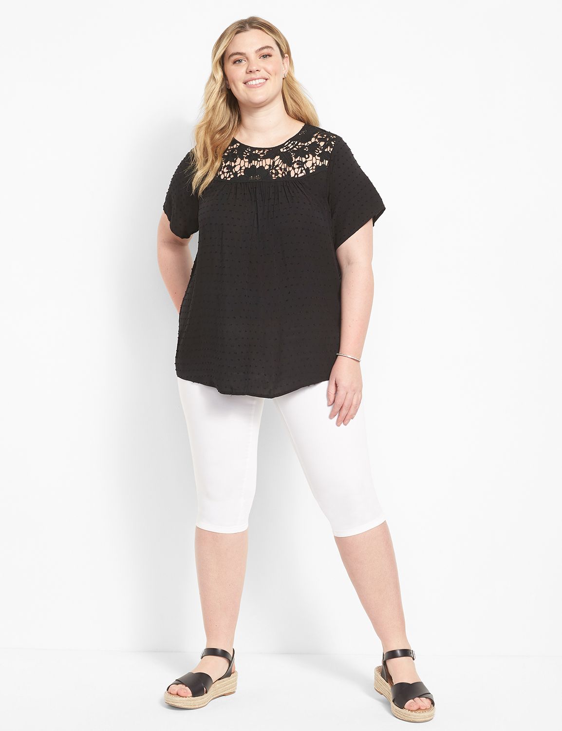 Short Sleeve Crew Neck Lace Yoke To Product Image 3
