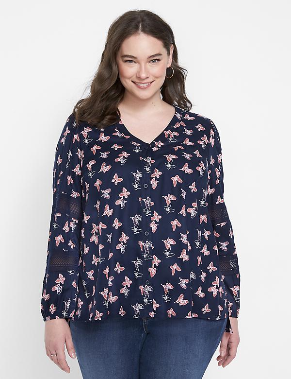 No-Peek Button-Front Lace Trimmed Top