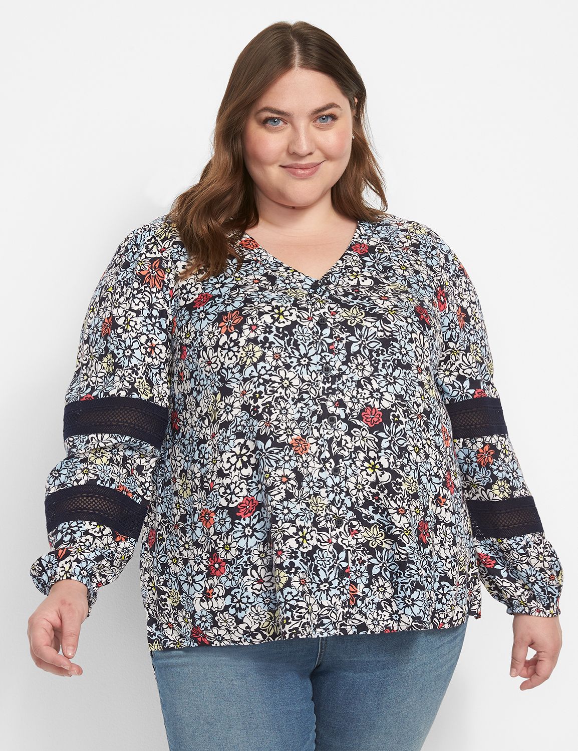 Long Sleeve V Neck Button Front Mes Product Image 1