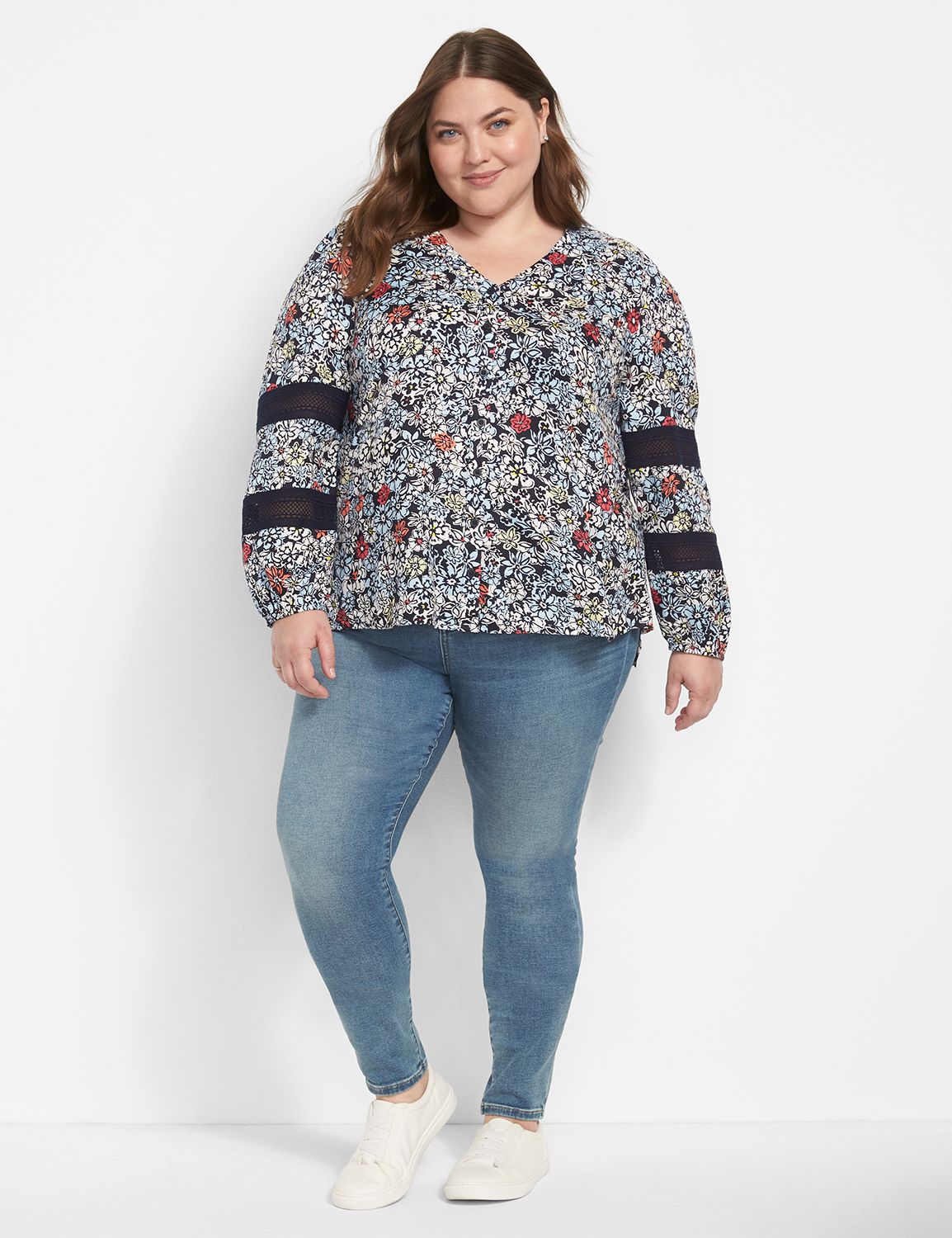 Long Sleeve V Neck Button Front Mes Product Image 3