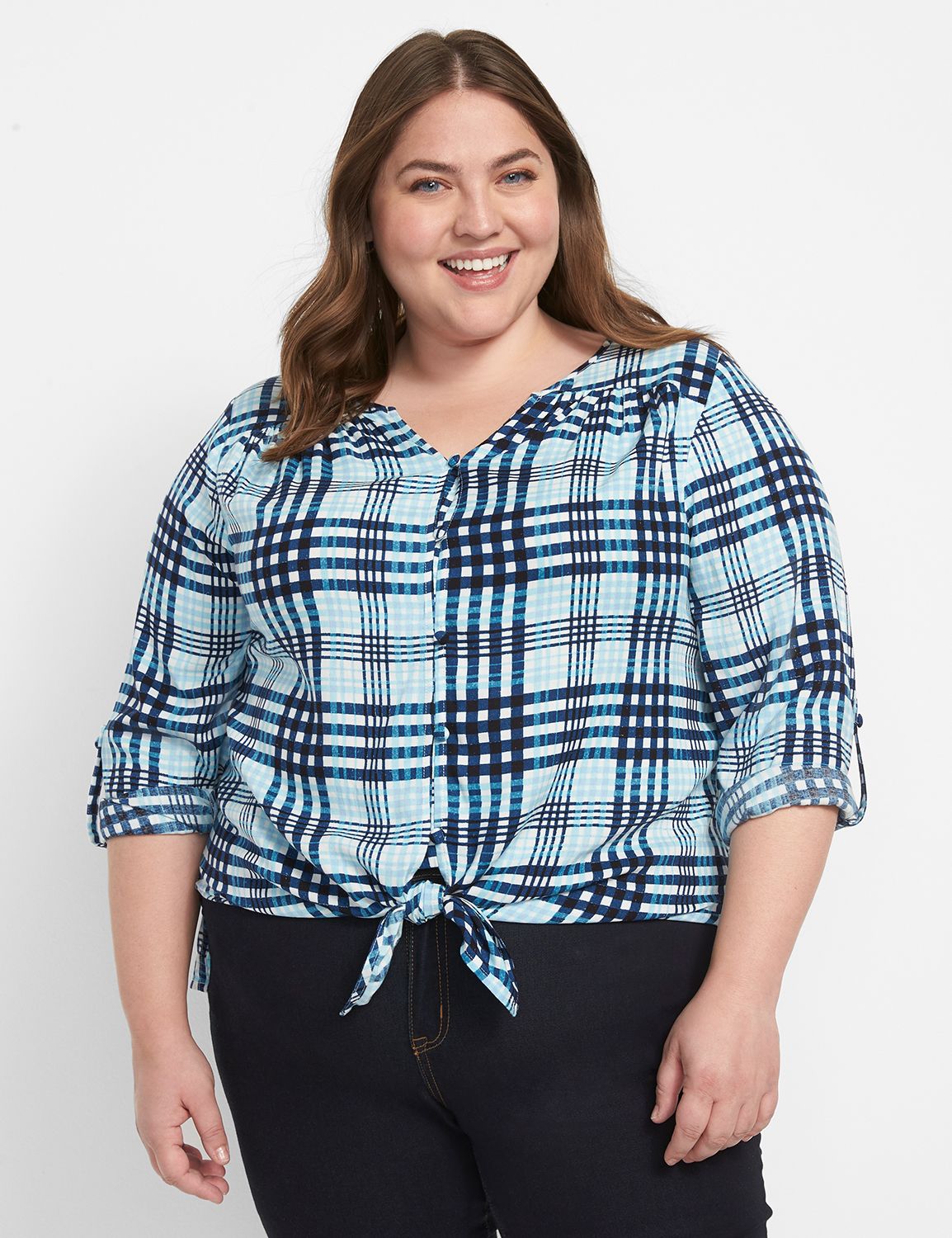 Long Sleeve Split Neck Tie Hem Butt Product Image 1