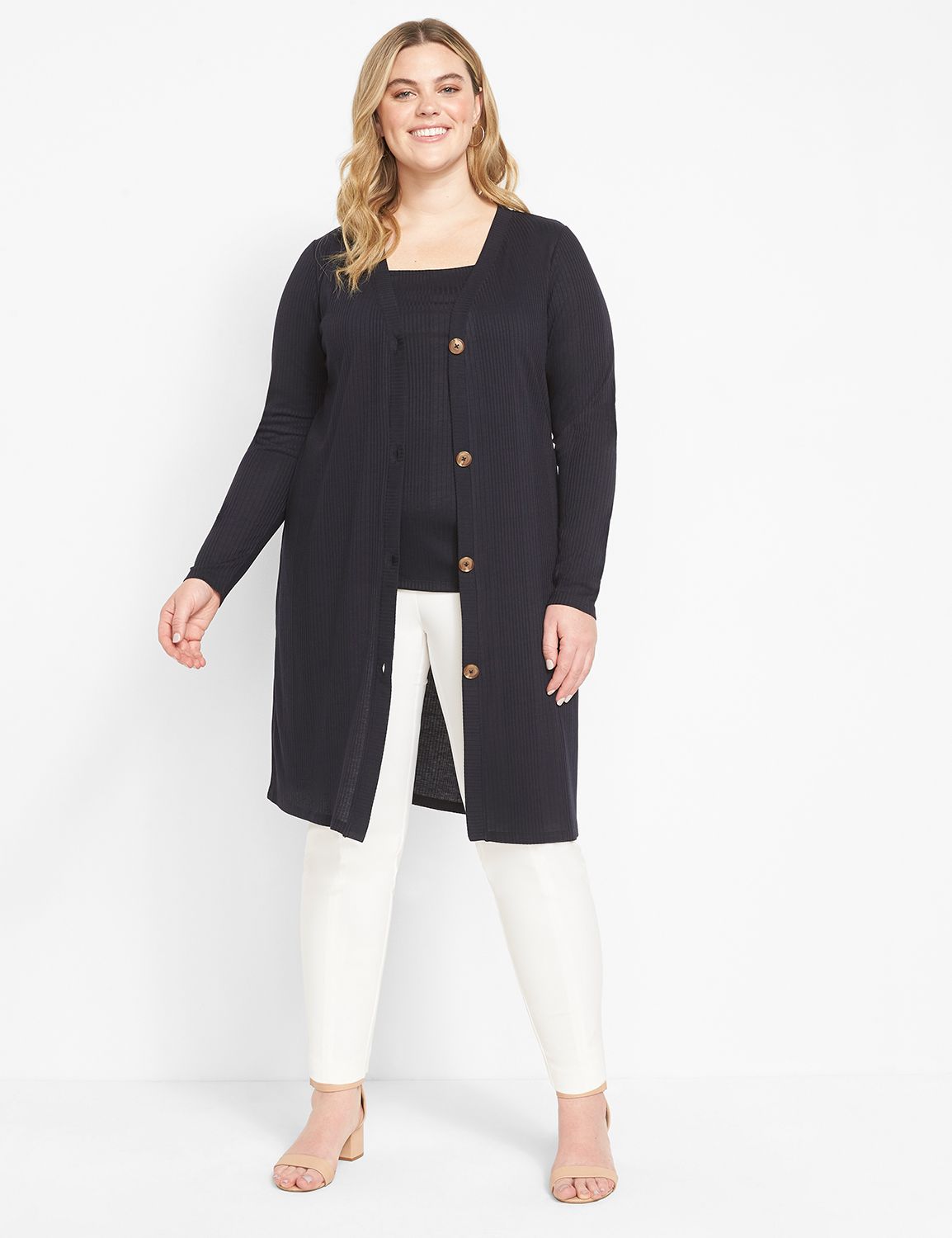 Long Sleeve Button Front Rib Duster Product Image 1